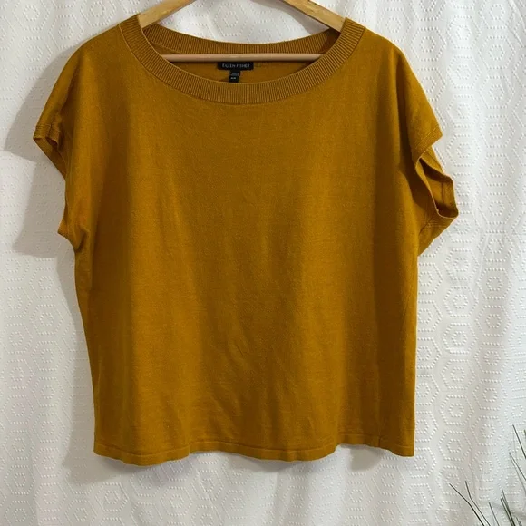 Eileen Fisher Yellow Short Sleeve Linen Boxy Tee Sz medium - Picture 1 of 8